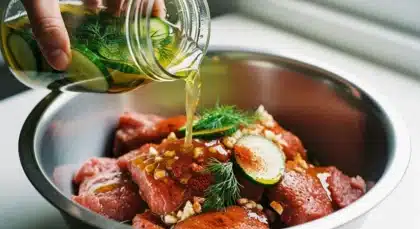 Jus de cornichons versé sur de la viande crue avec épices, ail et aneth pour une marinade maison