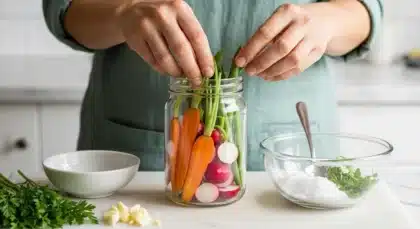 Préparation de légumes fermentés maison avec carottes, radis et haricots dans un bocal en verre