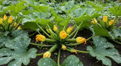 Plant de courgette en pleine croissance avec fleurs jaunes dans un potager
