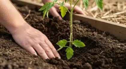 Mains plantant un jeune pied de tomate dans un potager, en terre meuble