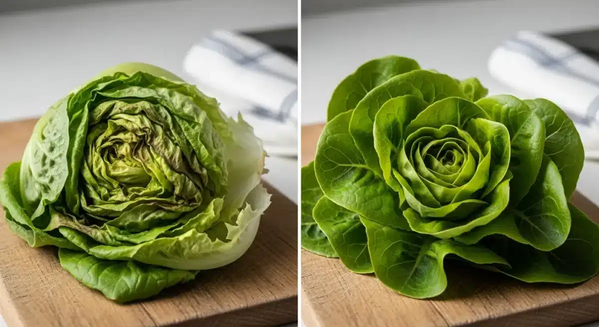 Comparaison d’une salade flétrie à gauche et d’une salade rafraîchie et croquante à droite