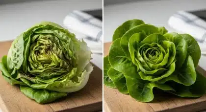 Comparaison d’une salade flétrie à gauche et d’une salade rafraîchie et croquante à droite