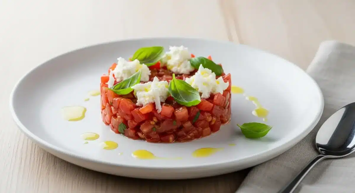 Tartare de tomates avec mozzarella et basilic sur une assiette blanche, nappé d’huile d’olive