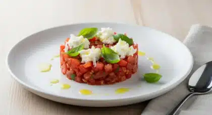 Tartare de tomates avec mozzarella et basilic sur une assiette blanche, nappé d’huile d’olive