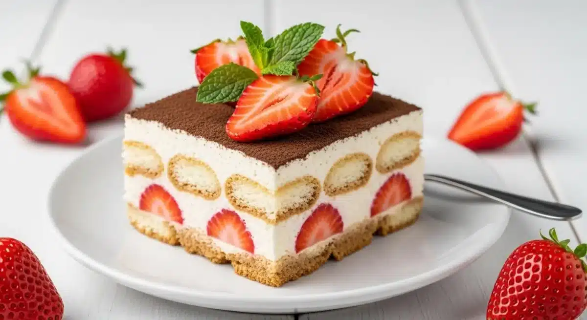 Part de tiramisu aux fraises avec crème, biscuits, cacao, fraises fraîches et menthe sur assiette