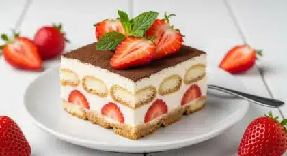 Part de tiramisu aux fraises avec crème, biscuits, cacao, fraises fraîches et menthe sur assiette