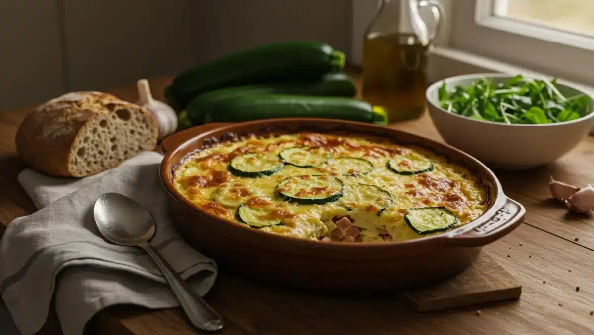 Gratin de courgettes crémeux et doré au four, servi dans un plat rustique avec du pain et de la salade verte.