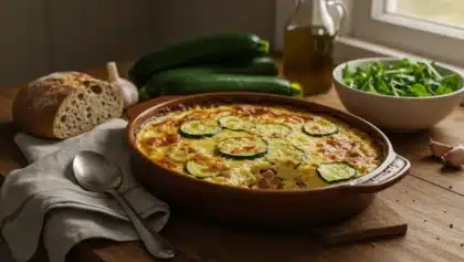 Gratin de courgettes crémeux et doré au four, servi dans un plat rustique avec du pain et de la salade verte.