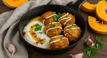 Boulettes à la courge dorées servies dans une poêle avec sauce au yaourt, huile d’olive et paprika, décorées de persil frais.