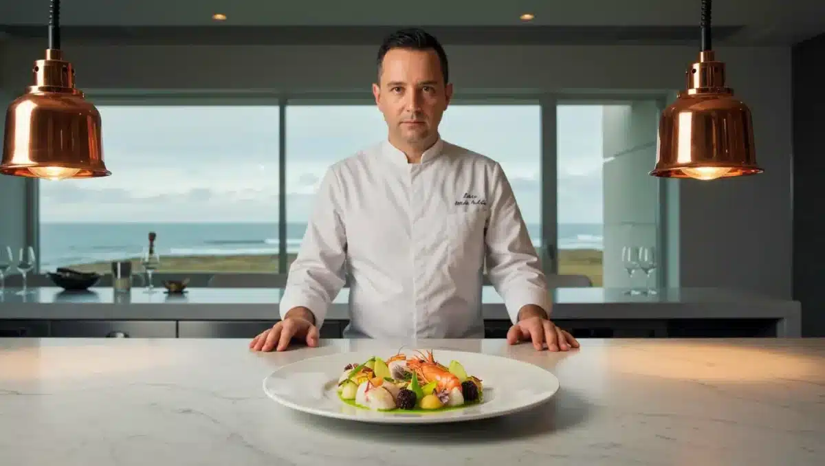 Le chef Mathieu Guibert posant derrière une assiette gastronomique dans son restaurant avec vue sur l’océan, sous deux lampes en cuivre.