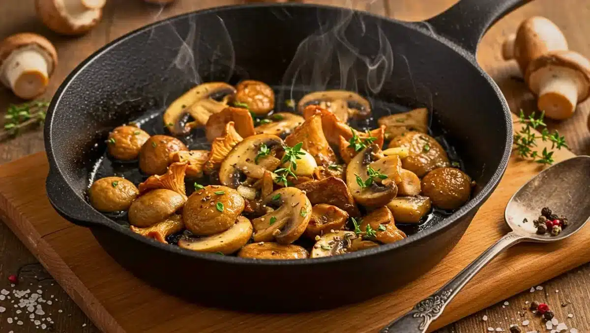 Ni spongieux ni secs : découvrez la méthode du chef pour réussir la cuisson des champignons. Une poêlée dorée, parfumée à l’ail et au thym, idéale pour accompagner vos plats d’automne.