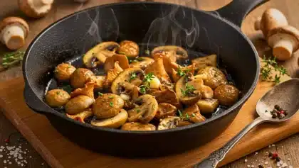 Ni spongieux ni secs : découvrez la méthode du chef pour réussir la cuisson des champignons. Une poêlée dorée, parfumée à l’ail et au thym, idéale pour accompagner vos plats d’automne.