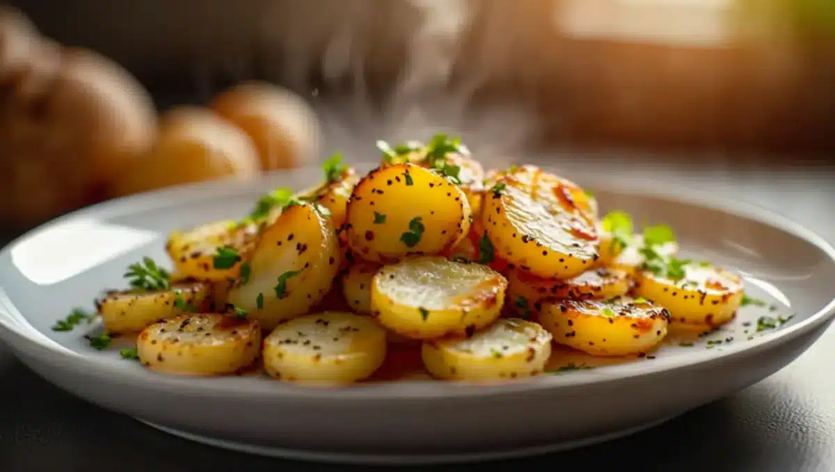 Pommes de terre dorées et croustillantes servies dans une assiette blanche, parsemées de persil frais.