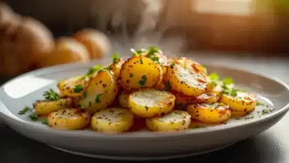 Pommes de terre dorées et croustillantes servies dans une assiette blanche, parsemées de persil frais.