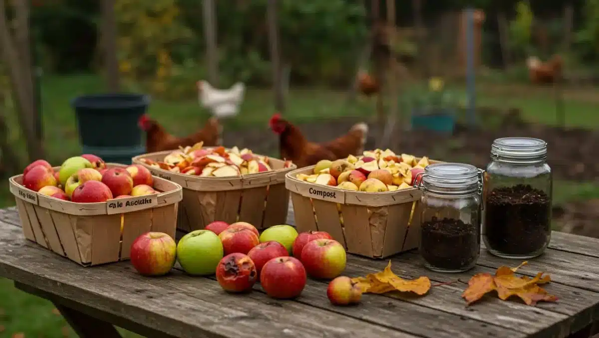 Pommes tombées triées dans des paniers en bois, prêtes à être recyclées ou compostées, avec des bocaux de terreau sur une table de jardin.