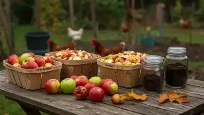 Pommes tombées triées dans des paniers en bois, prêtes à être recyclées ou compostées, avec des bocaux de terreau sur une table de jardin.