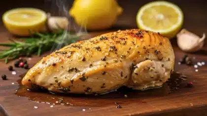 Blanc de poulet rôti juteux et doré, assaisonné d’herbes et de citron, posé sur une planche en bois.