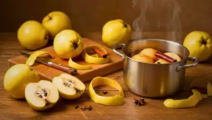 Coings coupés et pelés sur une planche en bois, avec une casserole de fruits en cuisson, cannelle et zestes de citron.