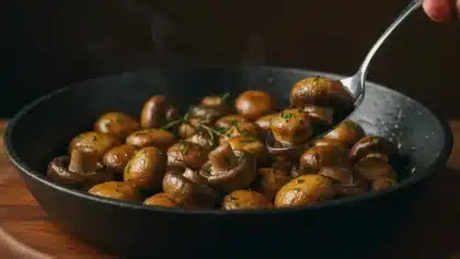 Champignons de Paris sautés à la poêle avec ail, persil et beurre, servis dans une assiette noire fumante.