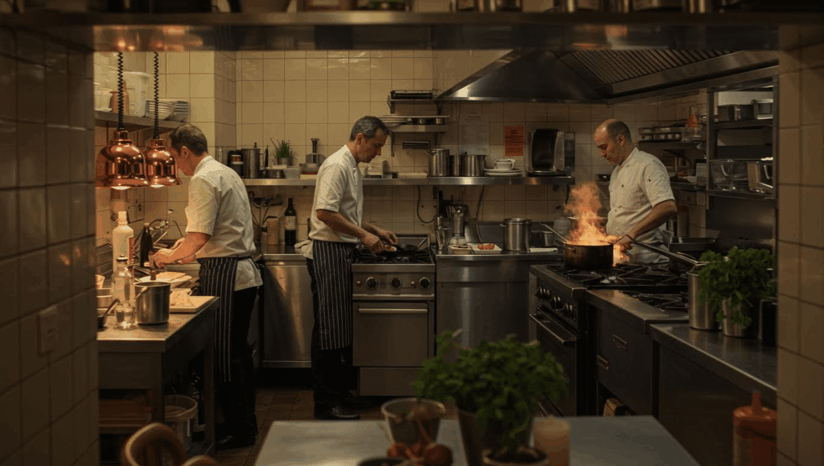 Trois chefs en pleine action dans la cuisine d’un restaurant, dont un prépare une poêle enflammée, illustrant un épisode de “Cauchemar en cuisine” riche en rebondissements.