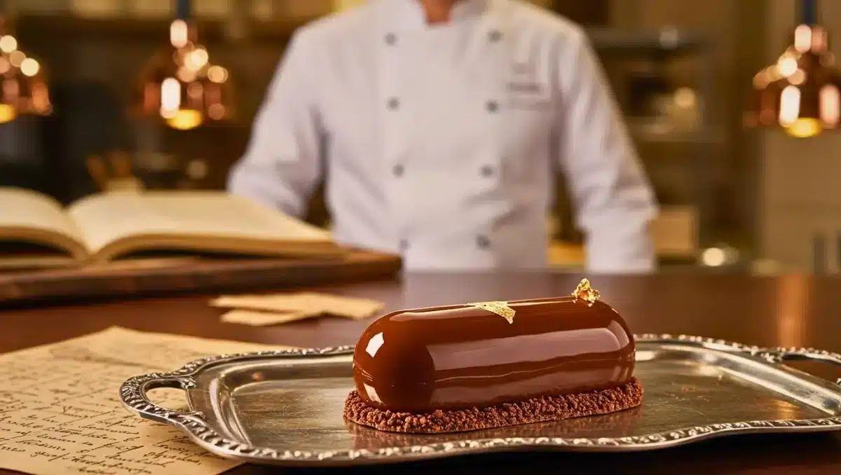 Dessert gastronomique au chocolat brillant, orné d’une feuille d’or, présenté sur un plateau en argent devant un chef pâtissier.