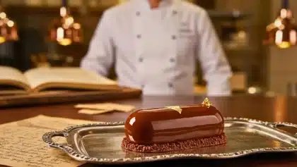 Dessert gastronomique au chocolat brillant, orné d’une feuille d’or, présenté sur un plateau en argent devant un chef pâtissier.
