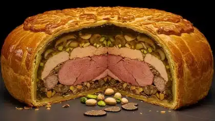 Coupe de l’Oreiller de la Belle Aurore, pâté en croûte géant garni de viandes, foie gras, truffes et pistaches, emblème de la gastronomie lyonnaise.