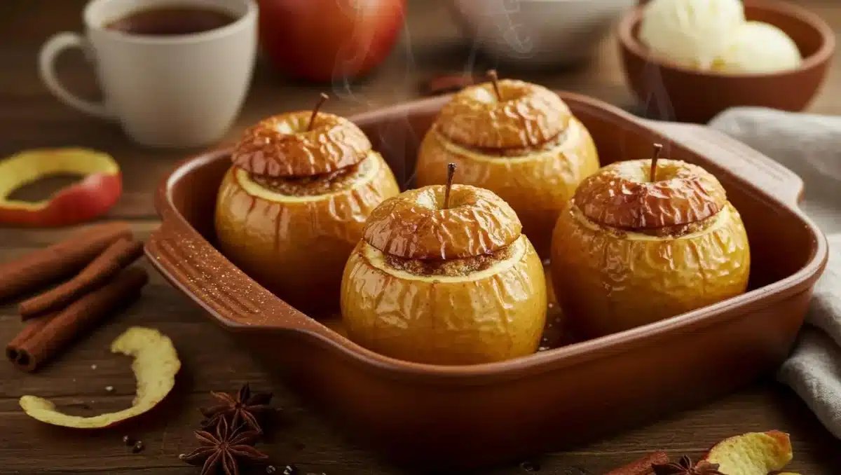 Pommes entières cuites au four avec cannelle et sucre caramélisé, servies dans un plat en terre cuite avec vapeur parfumée.