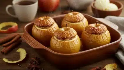 Pommes entières cuites au four avec cannelle et sucre caramélisé, servies dans un plat en terre cuite avec vapeur parfumée.