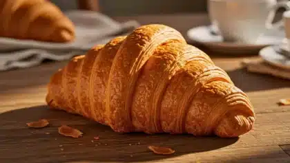 Croissant doré et croustillant posé sur une table en bois, servi pour le petit-déjeuner.