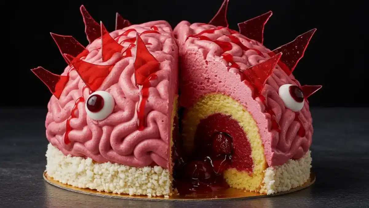 Gâteau en forme de cerveau avec glaçage rose et coulis rouge, garni d’yeux comestibles et de brisures de sucre rouge.