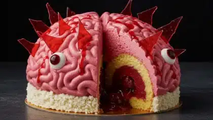 Gâteau en forme de cerveau avec glaçage rose et coulis rouge, garni d’yeux comestibles et de brisures de sucre rouge.
