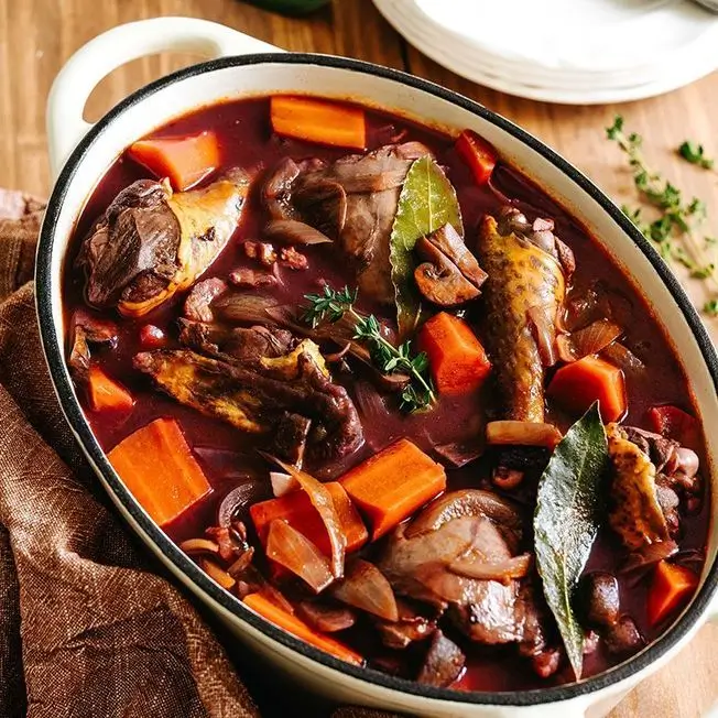 Cocotte de pintade mijotée façon bourguignon avec carottes, champignons, oignons et herbes aromatiques dans une sauce au vin rouge.