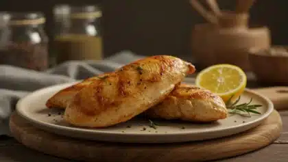 Filets de poulet grillés dorés avec tranches de citron et romarin sur une assiette en bois.