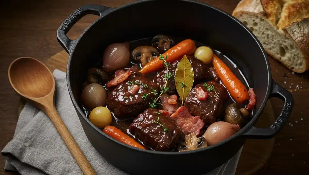 Cocotte de bœuf bourguignon mijoté avec carottes, oignons, champignons et lardons dans une sauce au vin rouge.