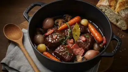 Cocotte de bœuf bourguignon mijoté avec carottes, oignons, champignons et lardons dans une sauce au vin rouge.