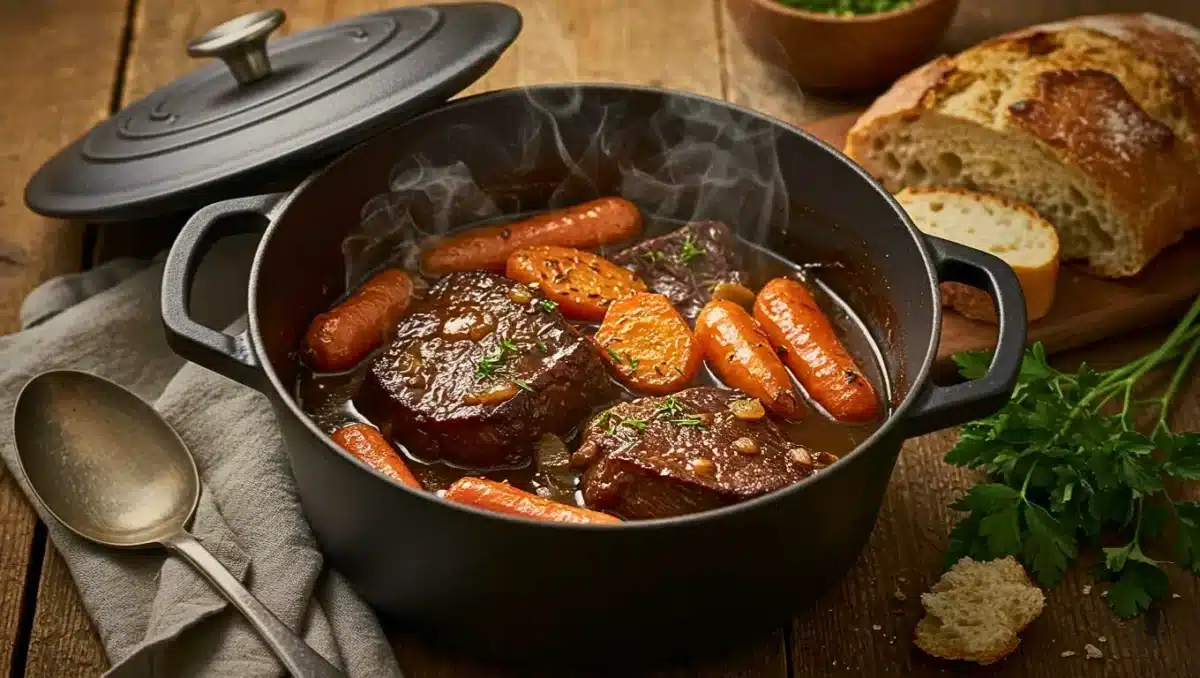 Bœuf carottes mijoté en cocotte avec sauce onctueuse, carottes fondantes et herbes fraîches, servi avec du pain rustique.