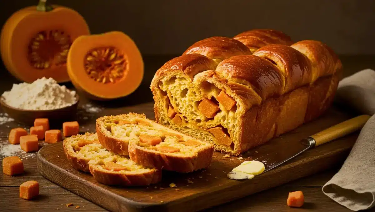Brioche moelleuse à la courge butternut, dorée au four, posée sur une planche en bois avec des cubes de courge et de la farine autour.