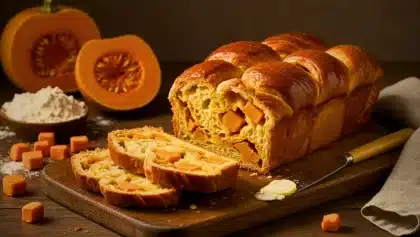 Brioche moelleuse à la courge butternut, dorée au four, posée sur une planche en bois avec des cubes de courge et de la farine autour.