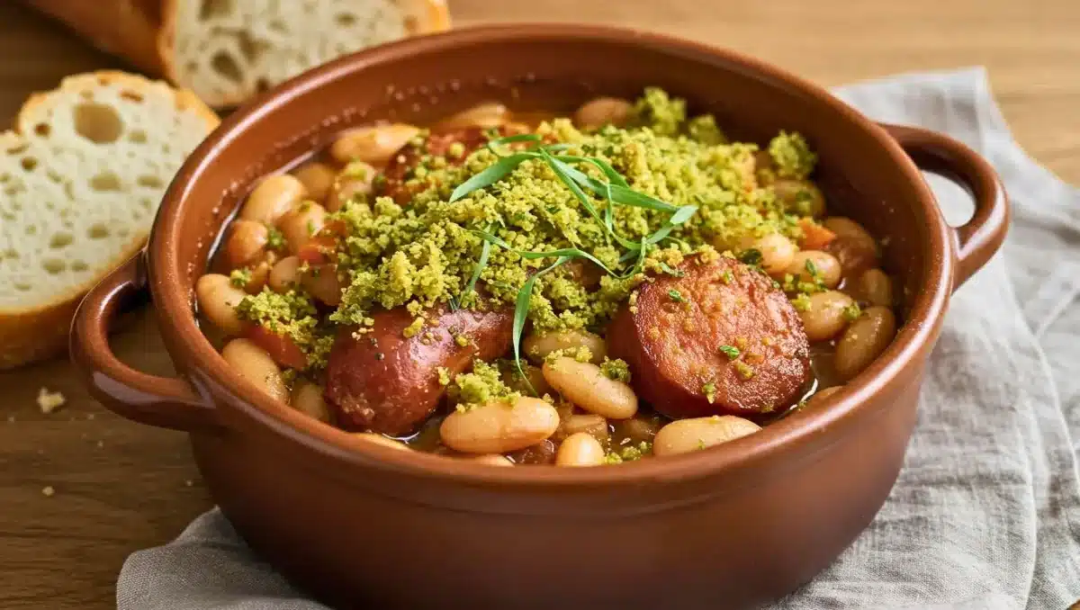 Cassoulet rapide servi dans une cocotte en terre cuite, garni de haricots blancs, tranches de saucisse dorée et chapelure verte aux herbes, avec du pain en accompagnement.