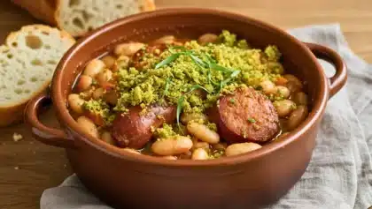 Cassoulet rapide servi dans une cocotte en terre cuite, garni de haricots blancs, tranches de saucisse dorée et chapelure verte aux herbes, avec du pain en accompagnement.