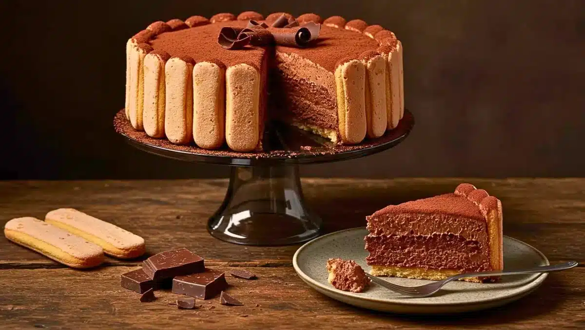 Charlotte au chocolat fondante entourée de biscuits cuillère, décorée de copeaux de chocolat et servie sur un plat noir.
