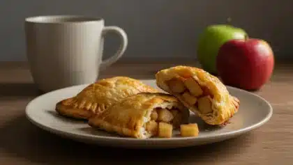 Chaussons aux pommes dorés et croustillants, coupés en deux pour révéler leur garniture fondante aux pommes, posés sur une assiette avec une tasse et des pommes en arrière-plan.