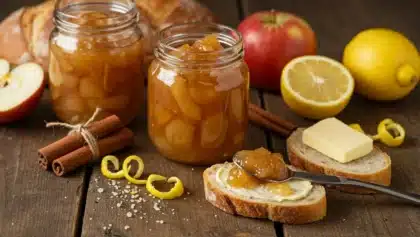 Pots de confiture pommes-citrons faits maison, entourés de bâtons de cannelle, zestes de citron et tranches de pain beurré sur une table en bois rustique.