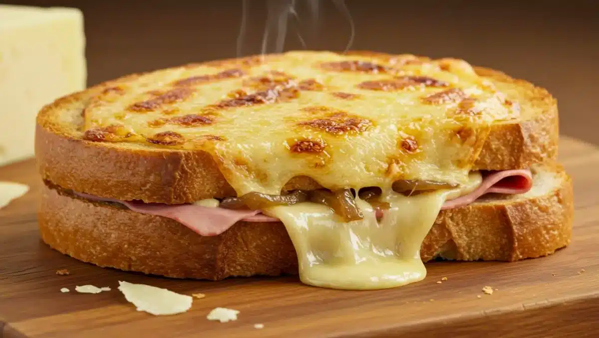 Croque-monsieur doré avec fromage fondant et oignons caramélisés qui s’écoulent entre deux tranches de pain grillé.