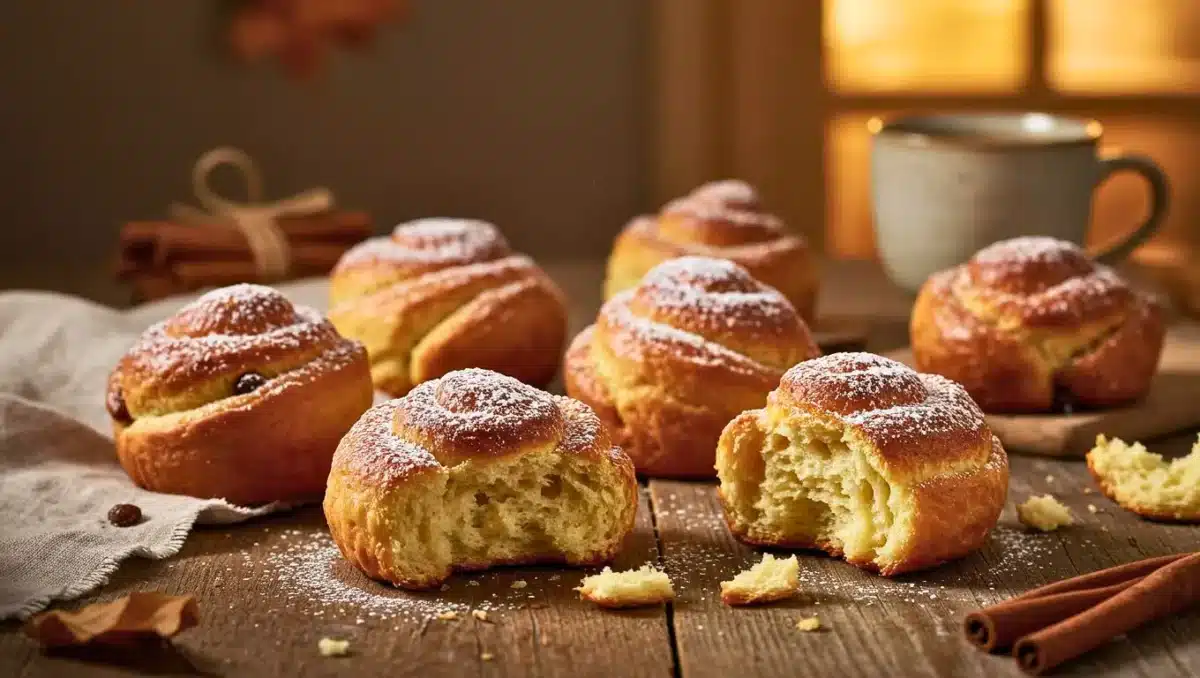 Cruffins dorés et feuilletés, saupoudrés de sucre glace, posés sur une table en bois avec un fond chaleureux et une tasse de café.