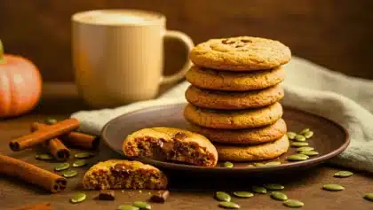 Assiette de cookies moelleux à la citrouille et au chocolat, entourée de bâtons de cannelle et de graines de courge, sur fond automnal chaleureux.
