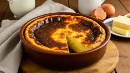 Far breton doré et moelleux dans un plat en terre cuite, avec une part coupée et des ingrédients traditionnels (œufs, lait, beurre) en arrière-plan.