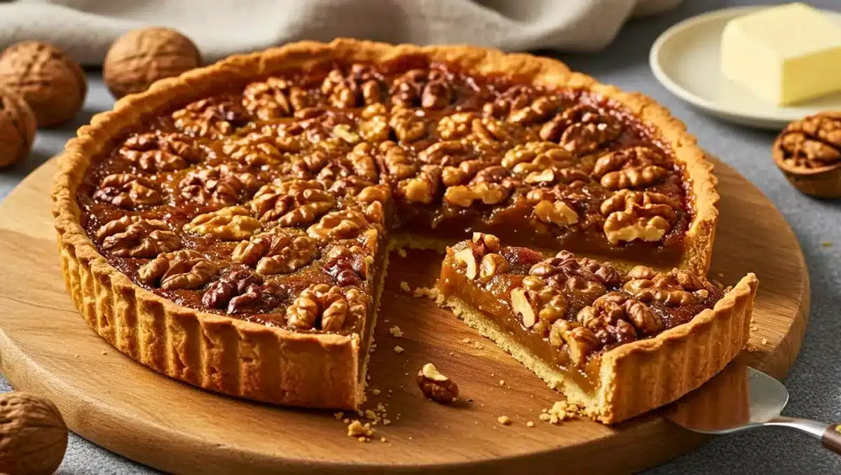 Tarte aux noix de Grenoble dorée, garnie de noix entières et d’un caramel fondant, posée sur une planche en bois.