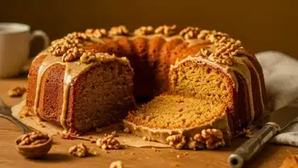 Gâteau moelleux au café et aux noix, nappé d’un glaçage au café, présenté sur une planche en bois avec une part découpée.